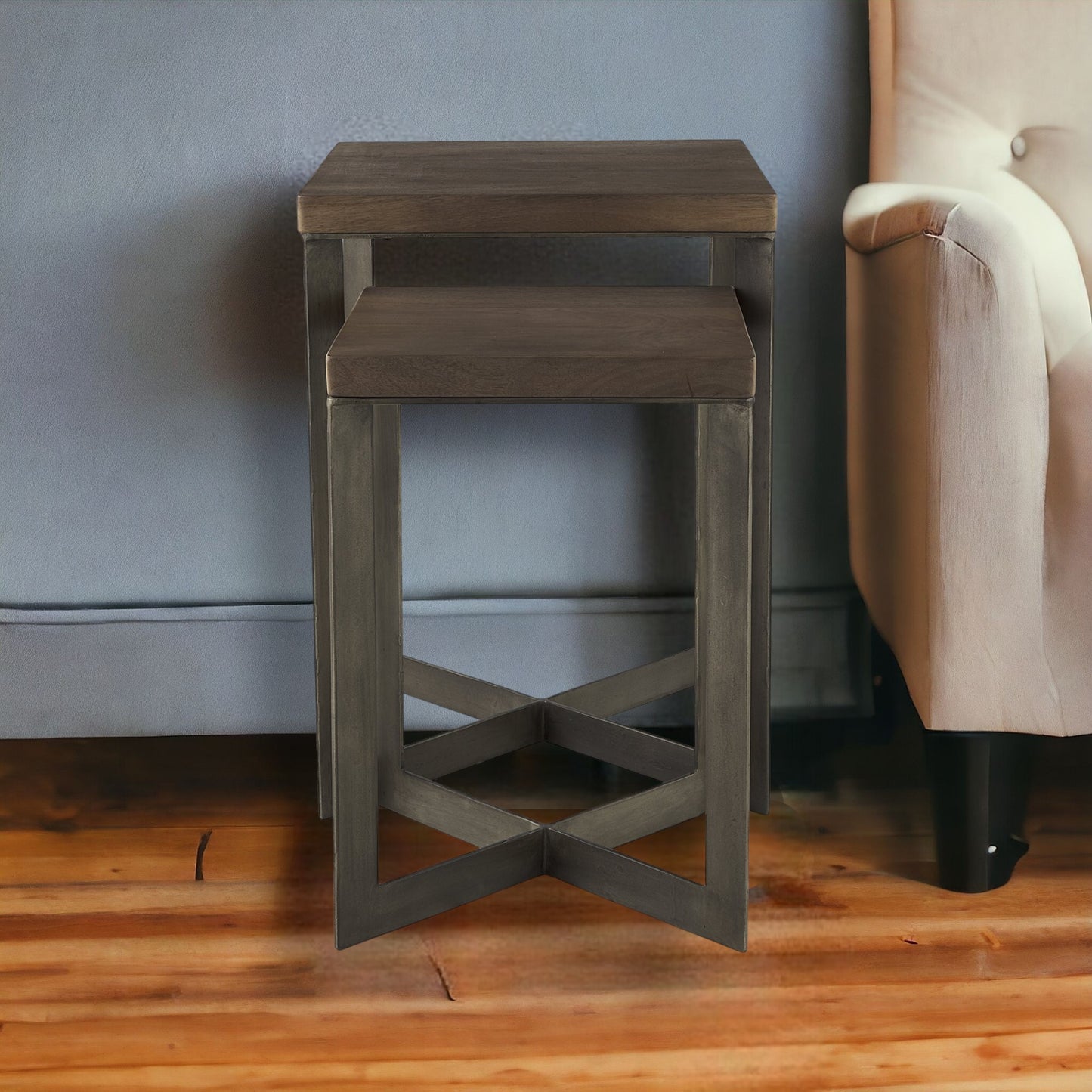 Set Of Two Geo Dark Brown Metallic And Wood Tables