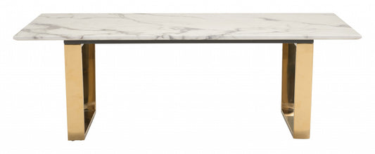 47" White And Gold Faux Marble And Steel Coffee Table