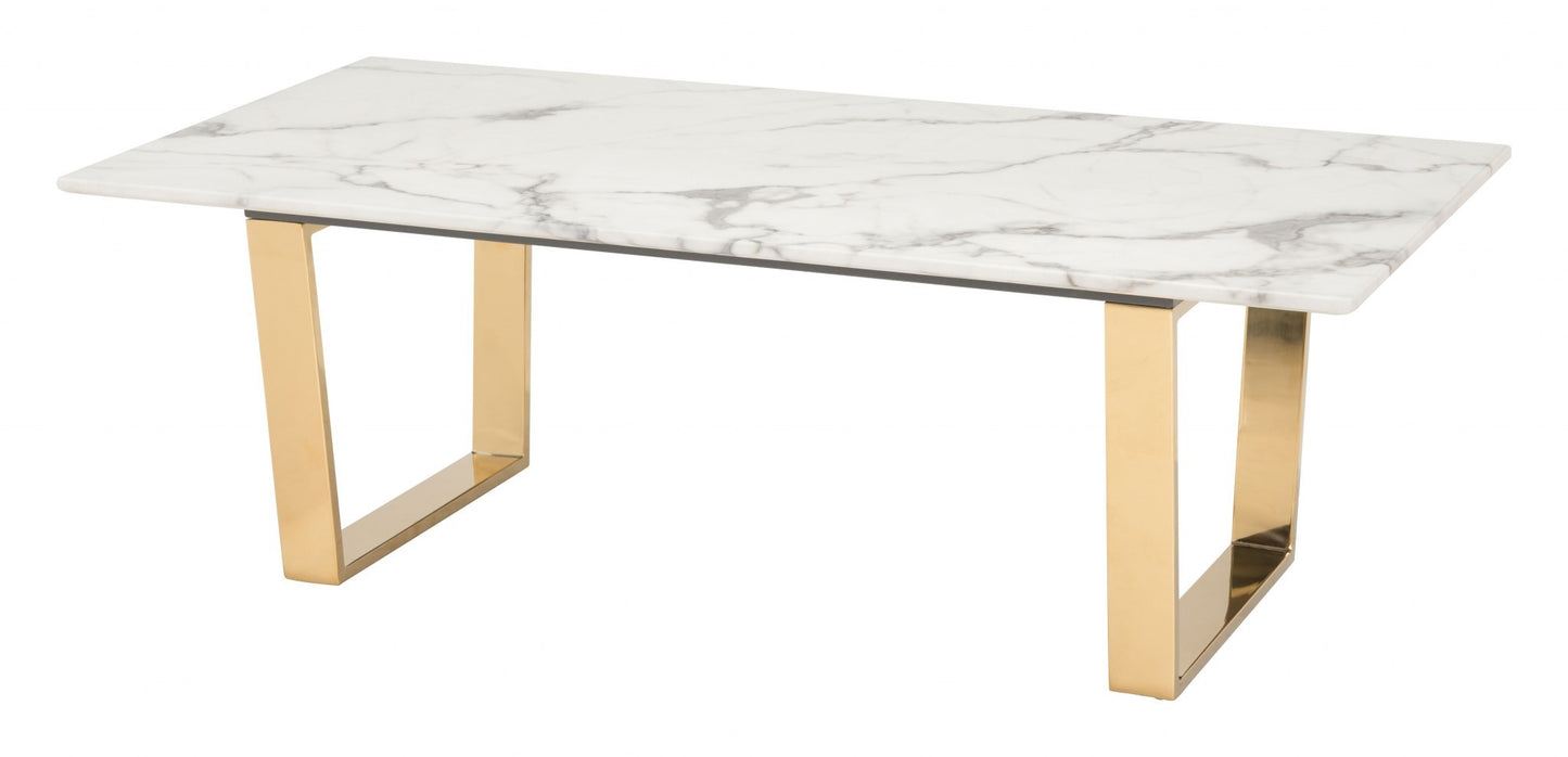 47" White And Gold Faux Marble And Steel Coffee Table