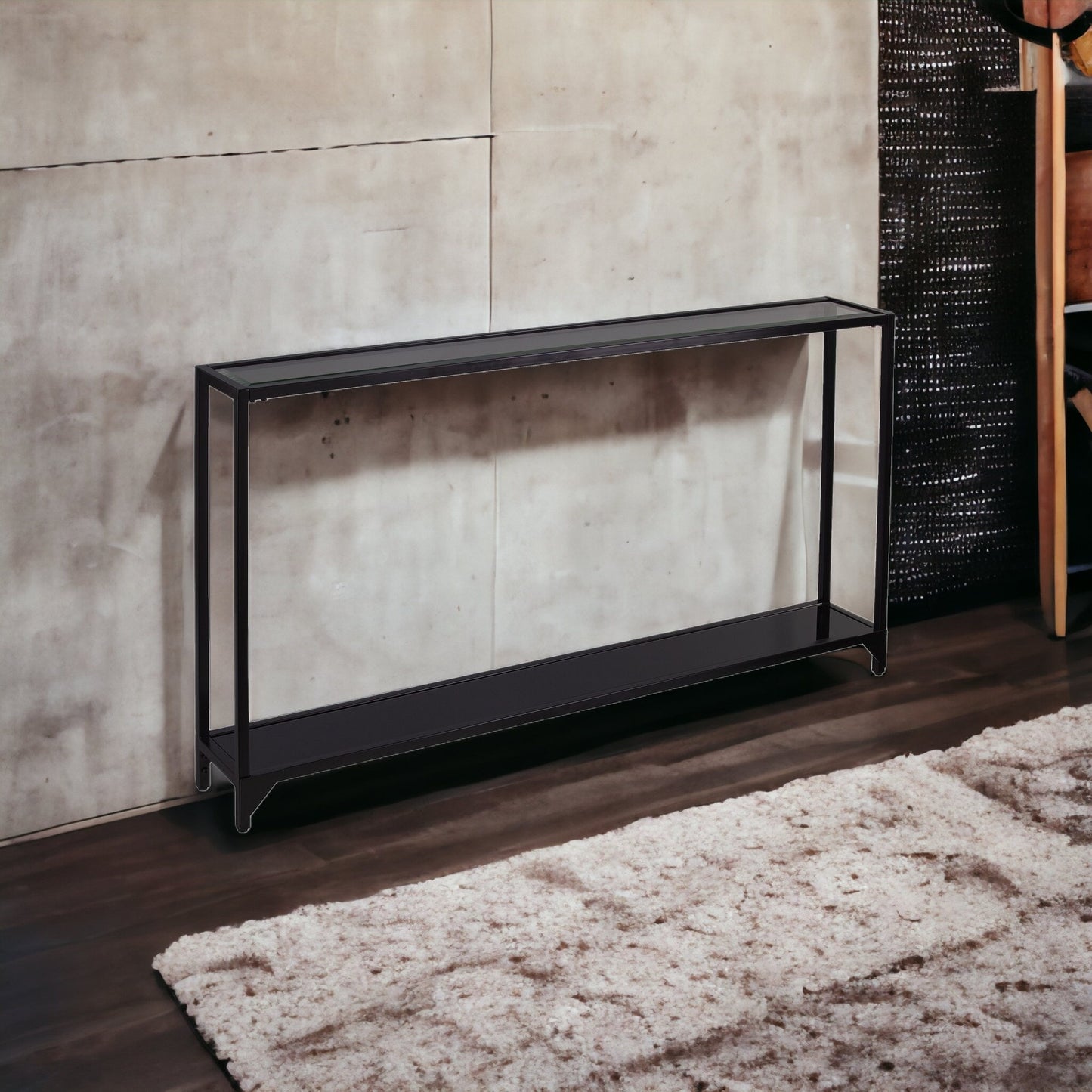 56" Clear and Black Glass Floor Shelf Console Table With Storage