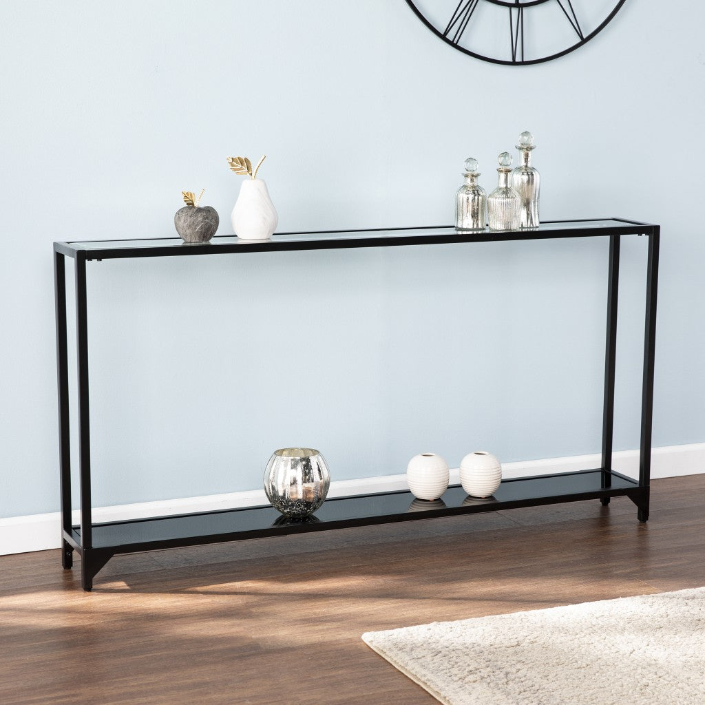 56" Clear and Black Glass Floor Shelf Console Table With Storage