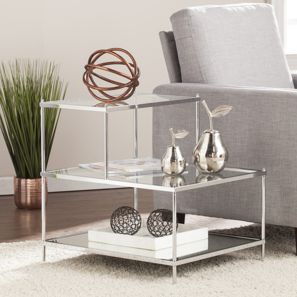 24" Silver And Clear Glass Tiered Rectangular End Table