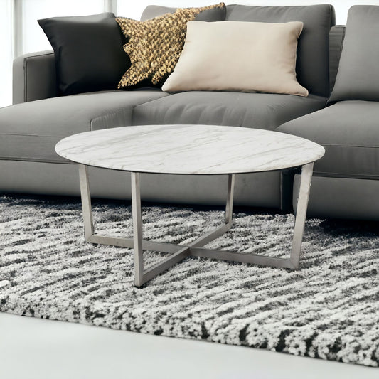 White on Stainless Faux Marble Round Coffee Table