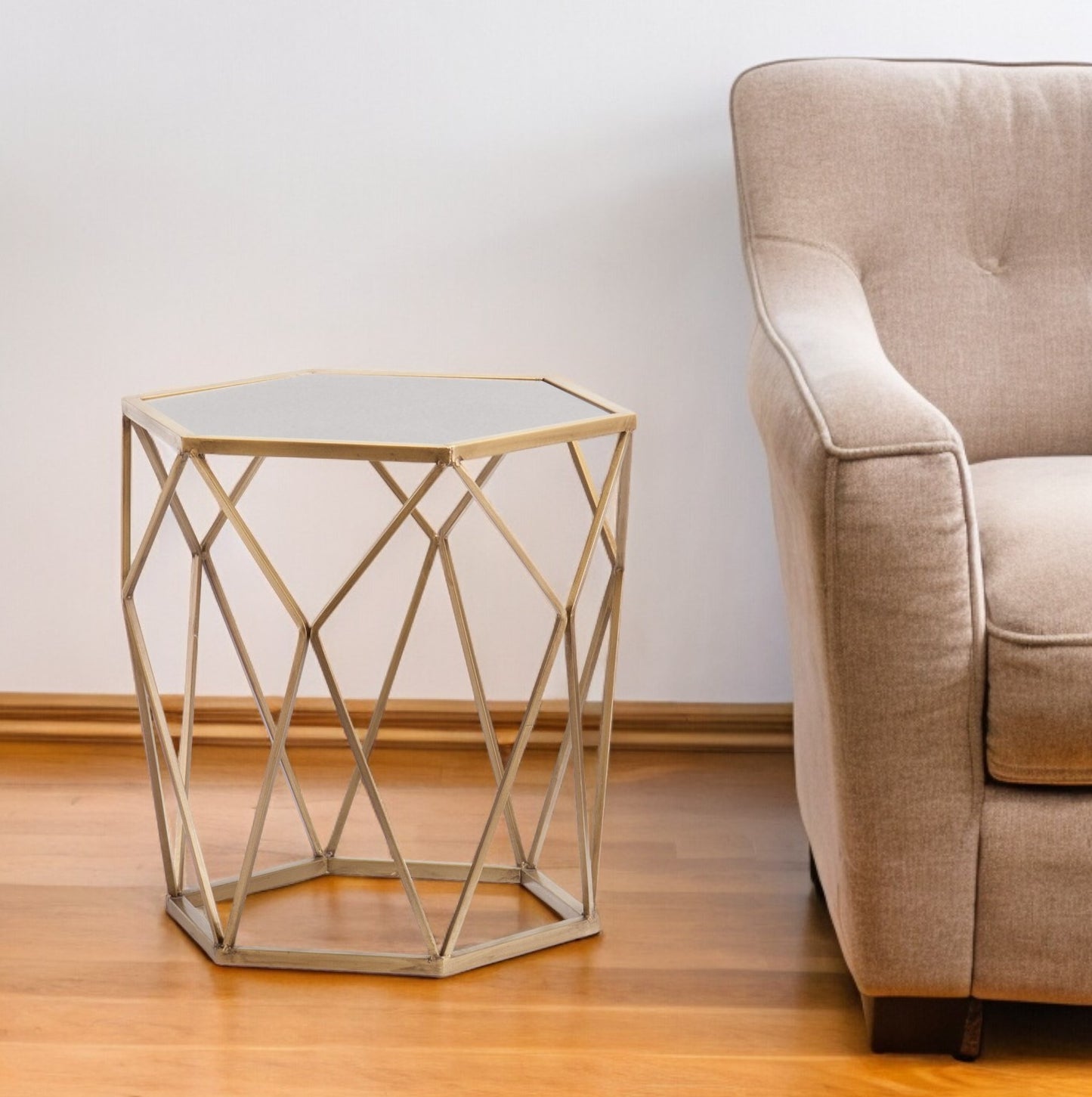 19" Gold And Reflective Glass Hexagon Mirrored End Table