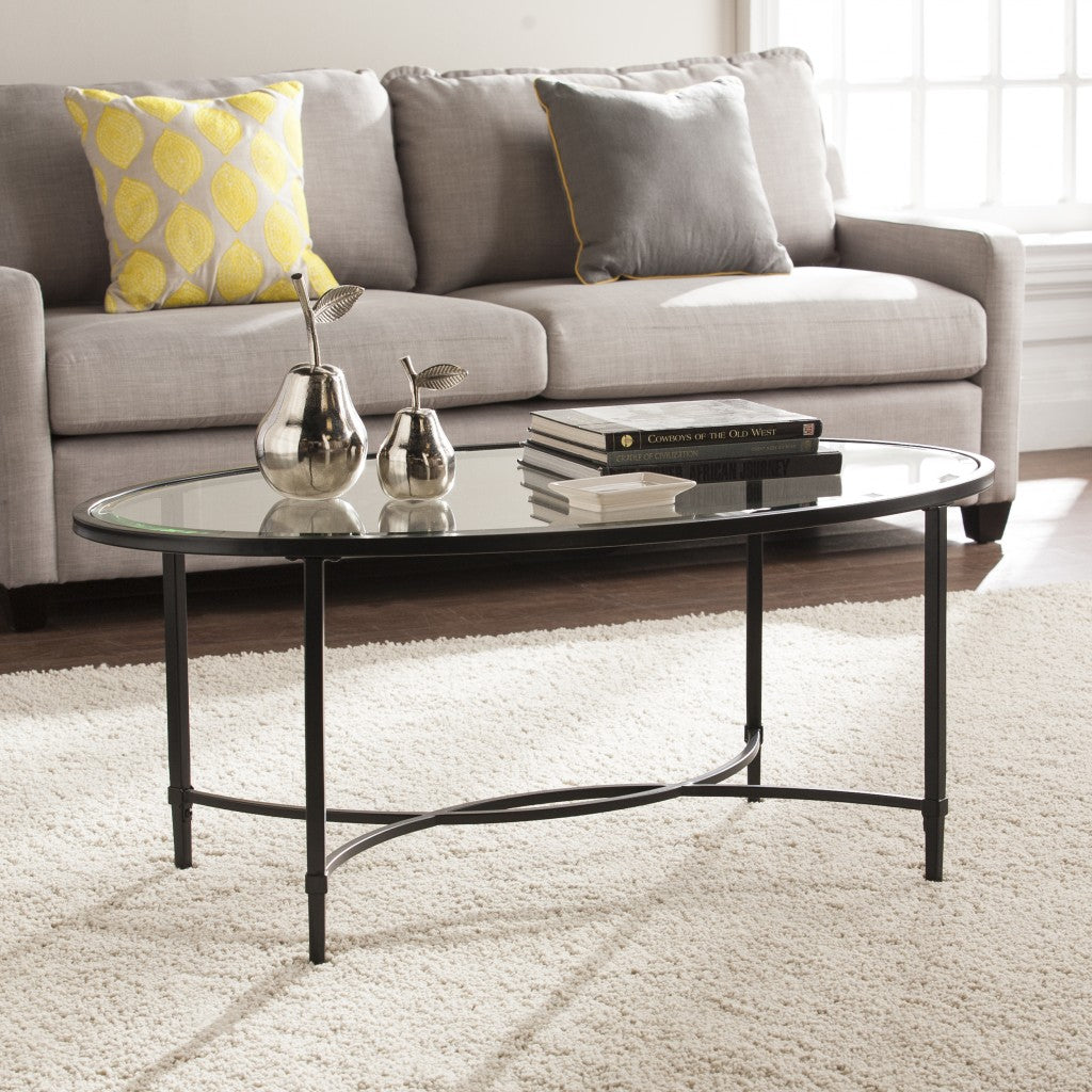 45" Black Glass And Metal Oval Coffee Table