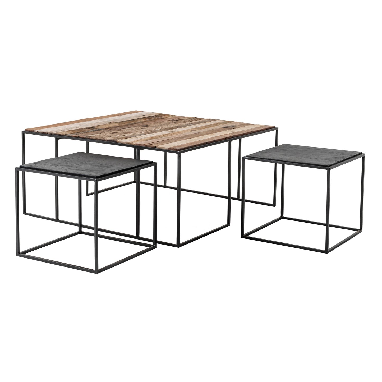 Set of Three 39" Oak And Black Solid Wood And Iron with Iron Square Nested Coffee Tables