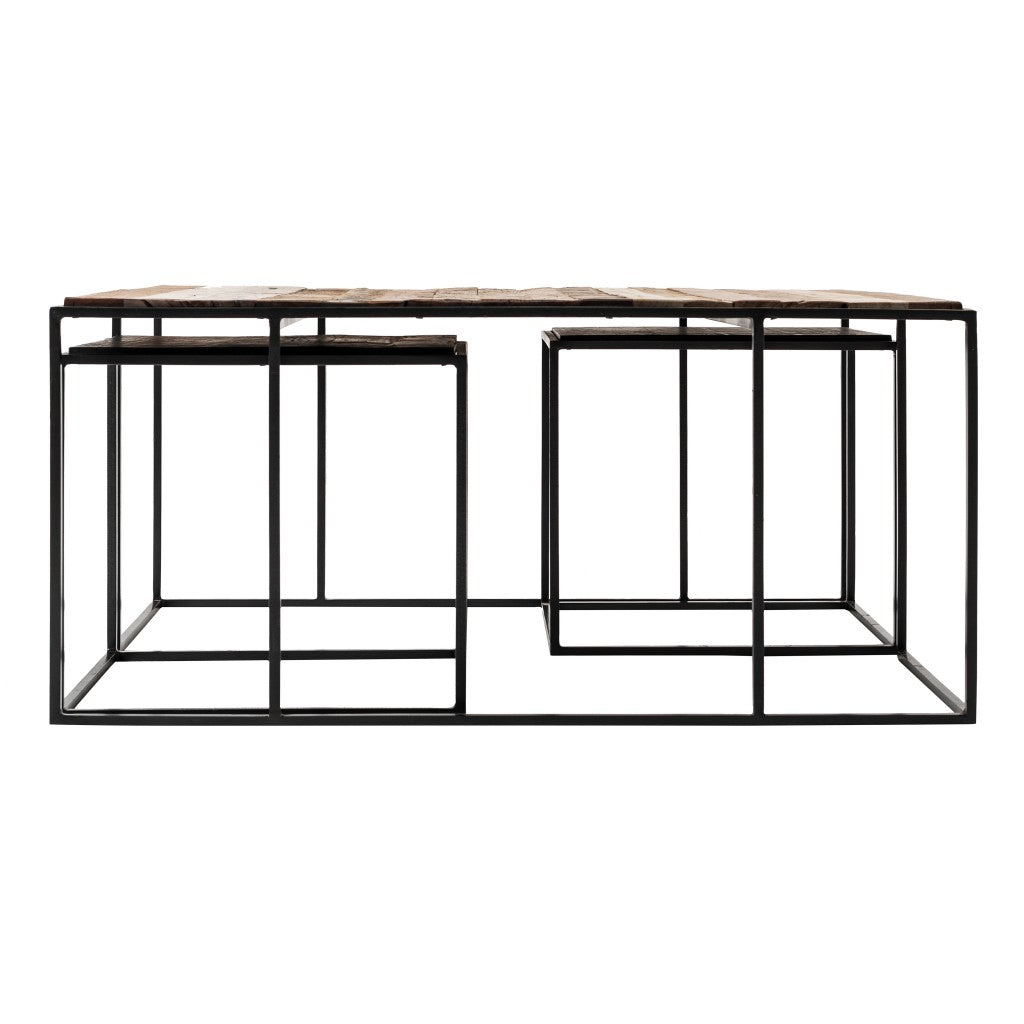 Set of Three 39" Oak And Black Solid Wood And Iron with Iron Square Nested Coffee Tables