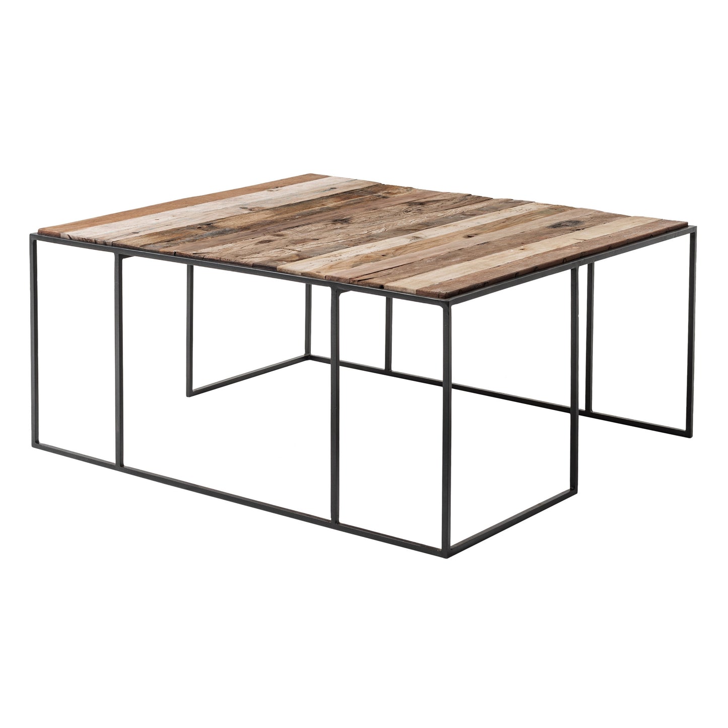 Set of Three 39" Oak And Black Solid Wood And Iron with Iron Square Nested Coffee Tables