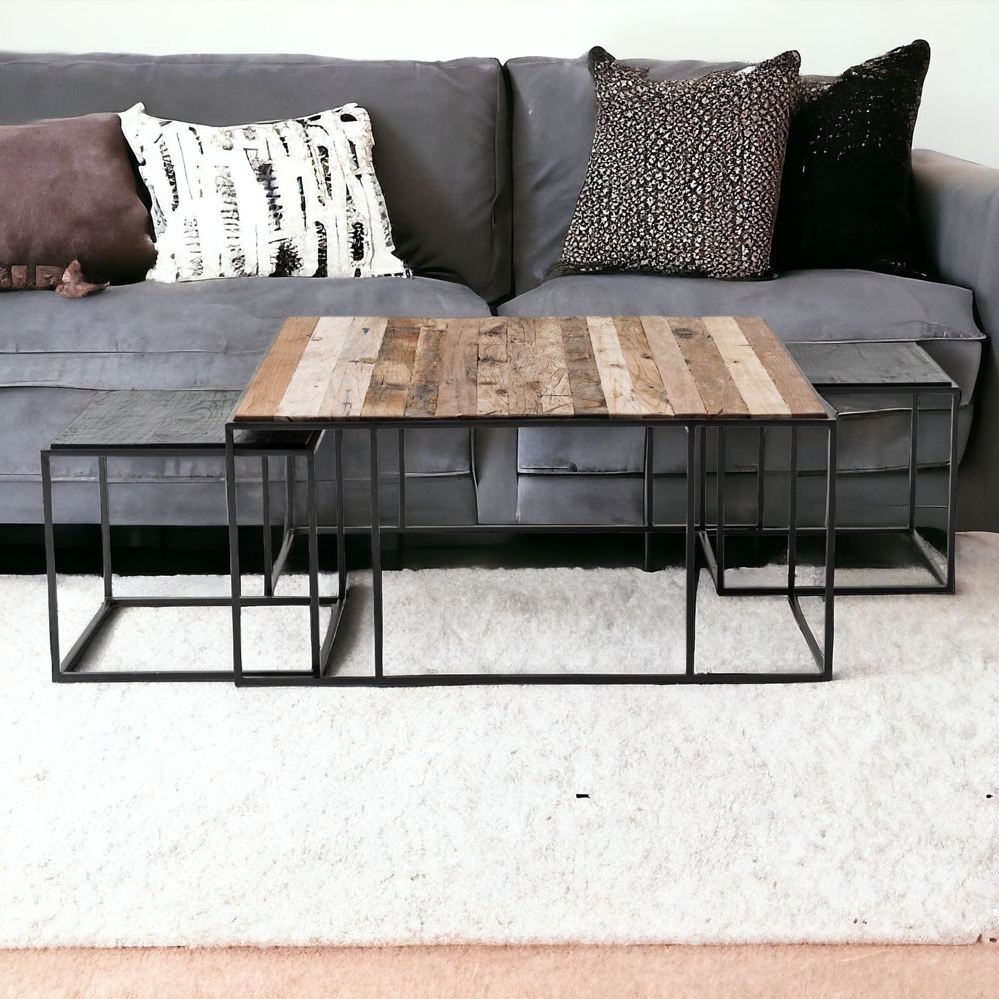 Set of Three 39" Oak And Black Solid Wood And Iron with Iron Square Nested Coffee Tables