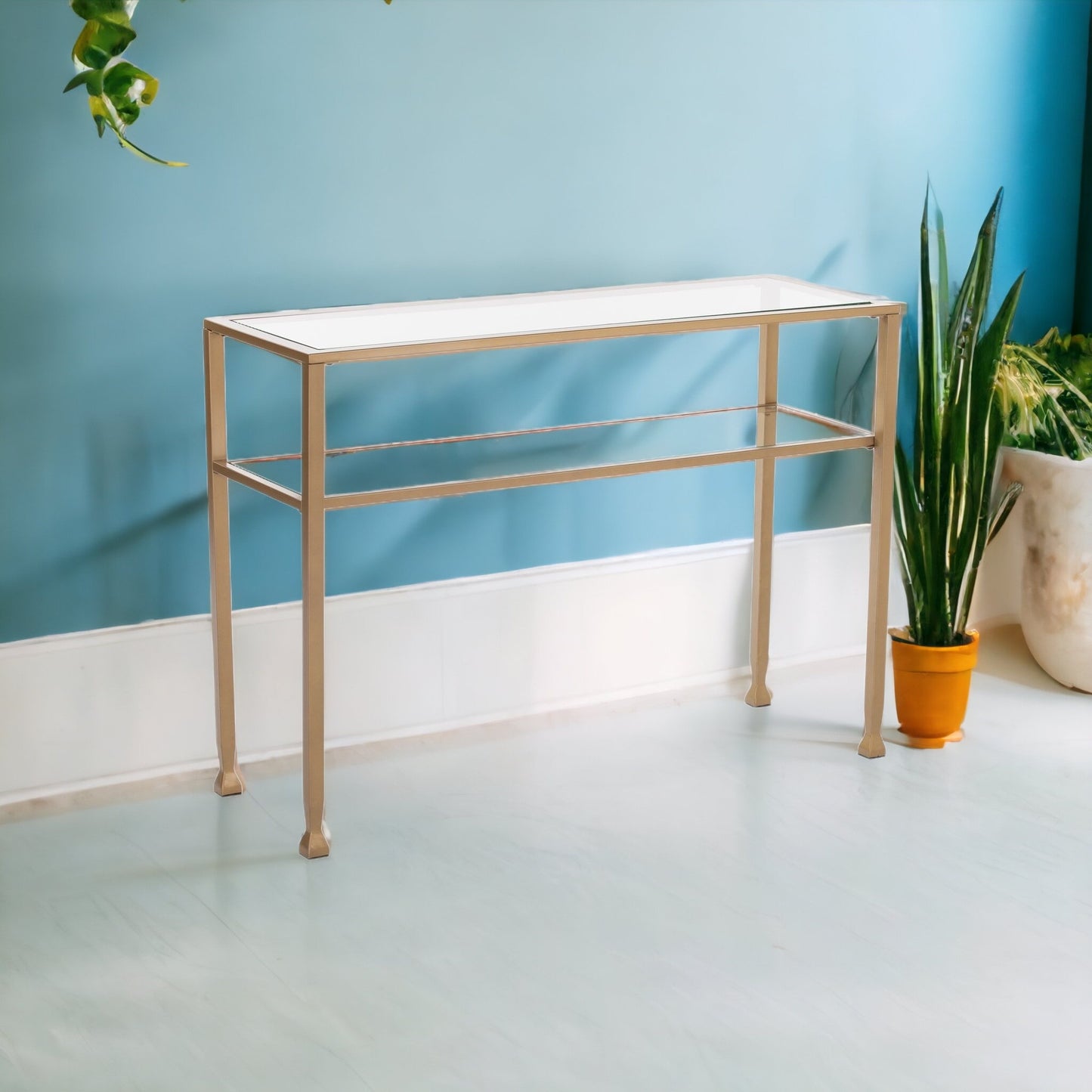 43" Clear and Gold Glass Console Table With Storage