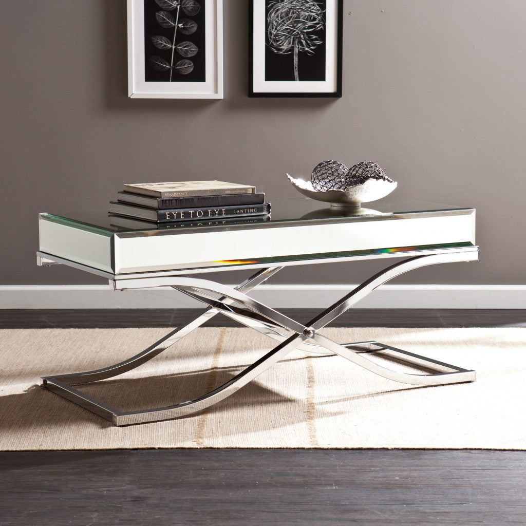 42" Silver Mirrored And Metal Rectangular Mirrored Coffee Table