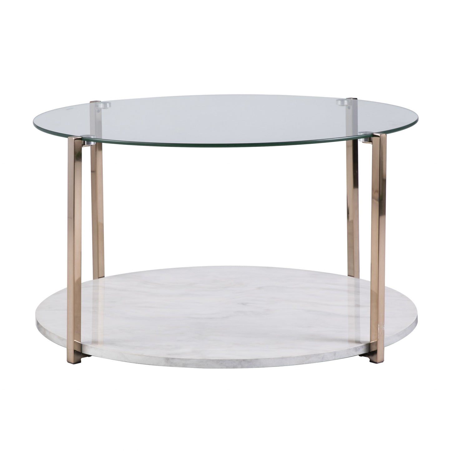 33" Gold Glam Glass And Faux Marble Two Tier Round Coffee Table