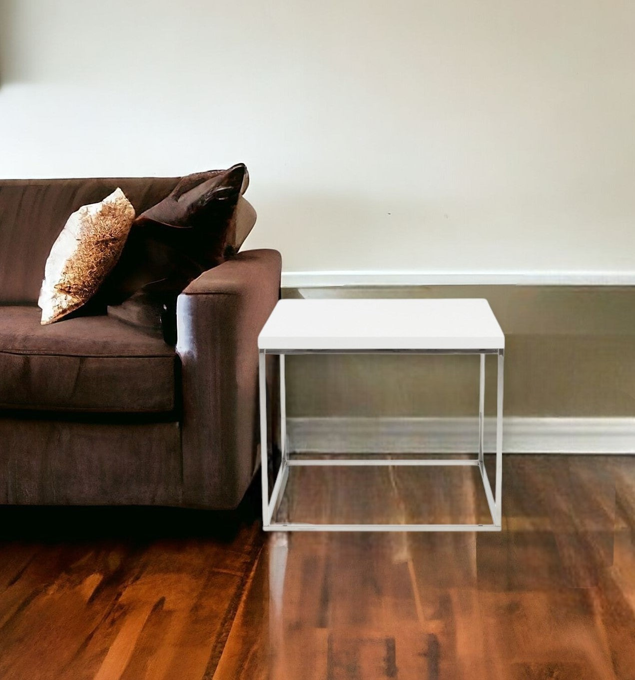 Modern White Gloss and Chrome Cube Side Table