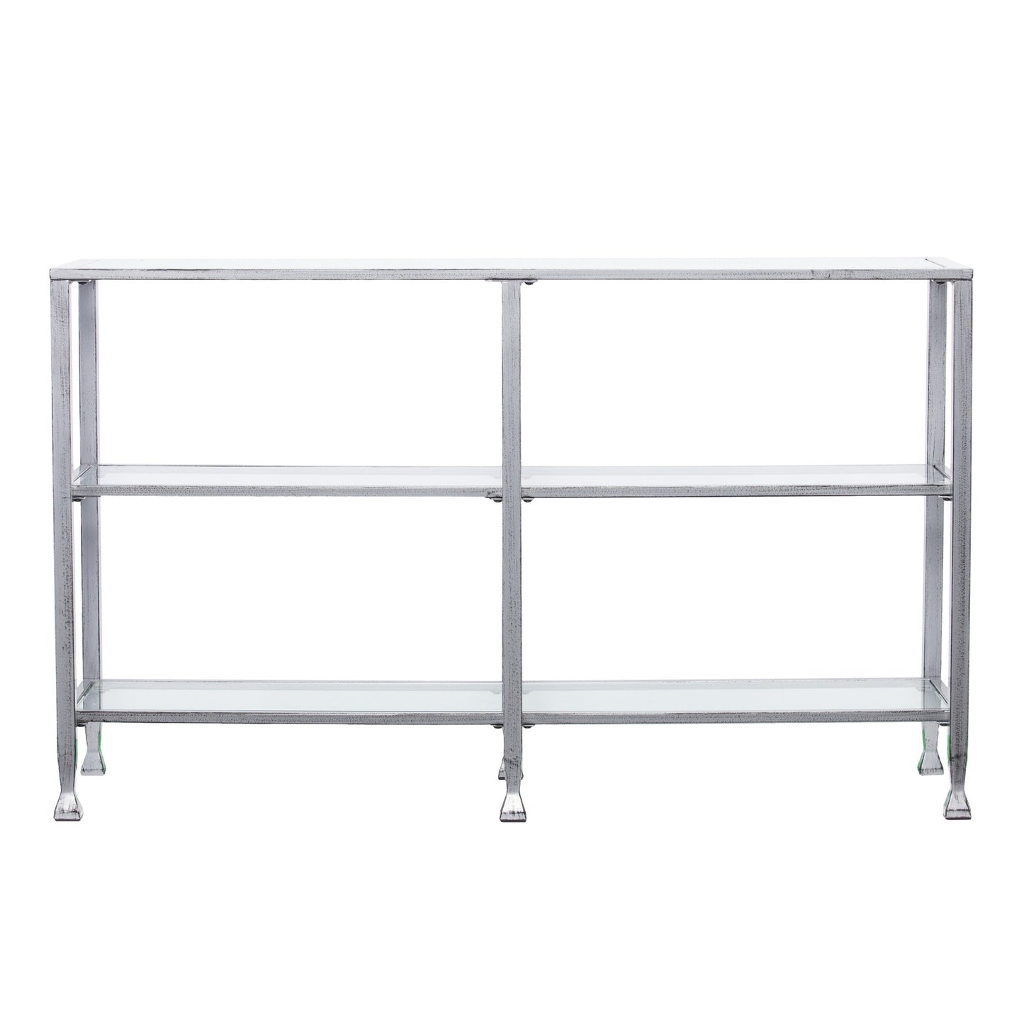 49" Clear and Silver Glass Distressed Floor Shelf Console Table With Storage