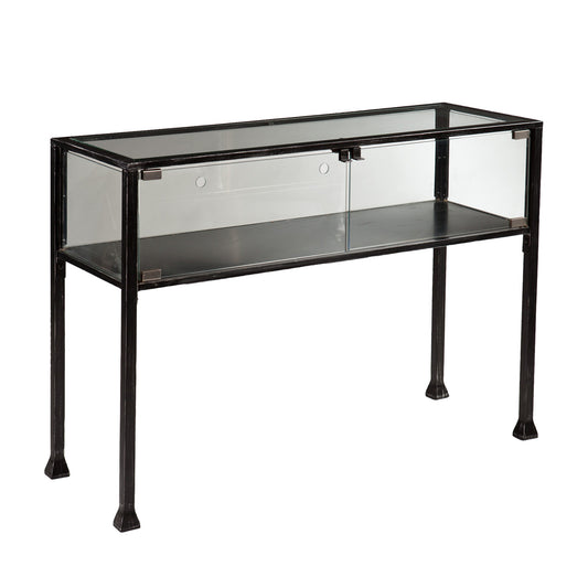 43" Clear and Black Glass Distressed Console Table With Storage