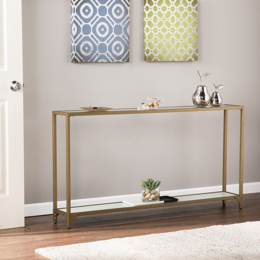 56" Clear and Gold Glass Floor Shelf Console Table With Storage