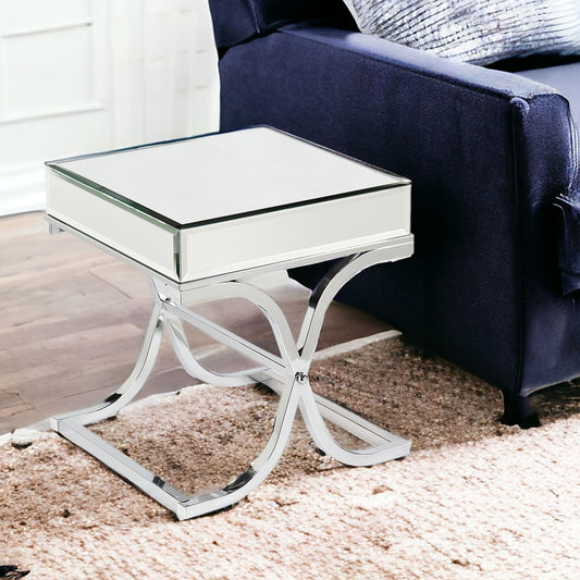 22" Silver Glass And Iron Square Mirrored End Table