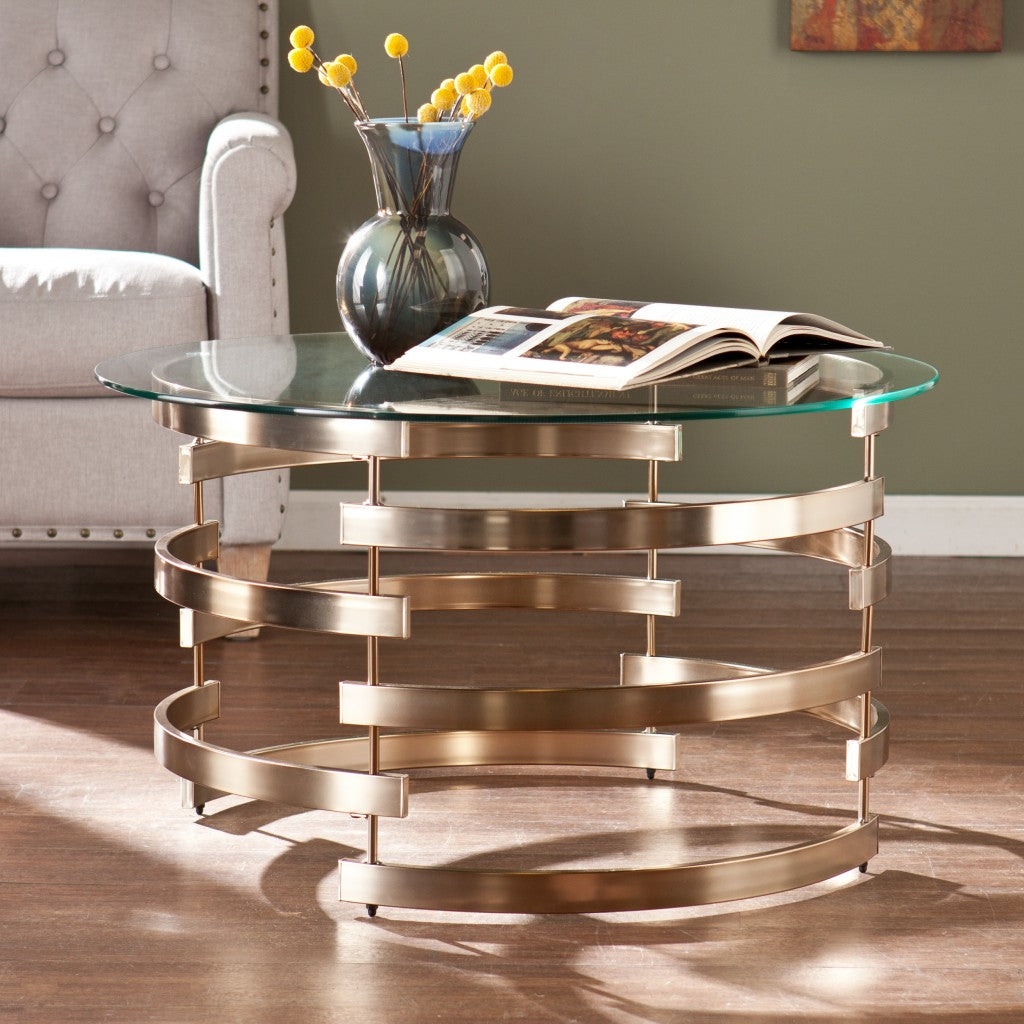 32" Champagne Glass And Metal Round Coffee Table