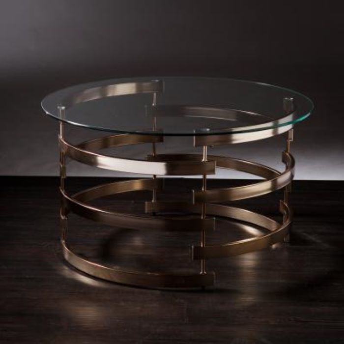 32" Champagne Glass And Metal Round Coffee Table