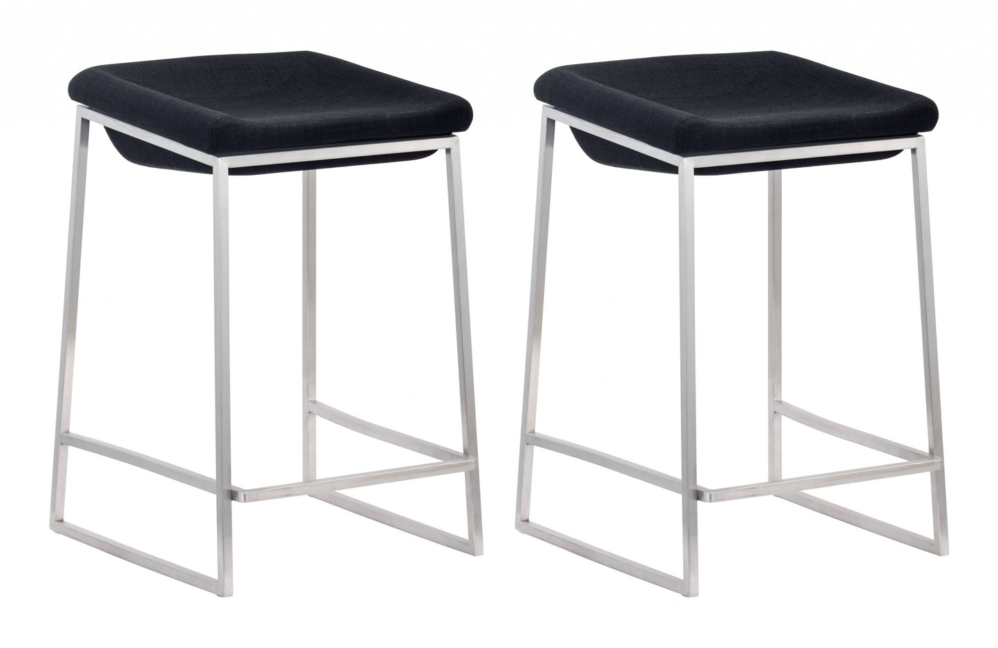 Set of Two " Black And Gray Stainless Steel Swivel Backless Counter Height Bar Chairs