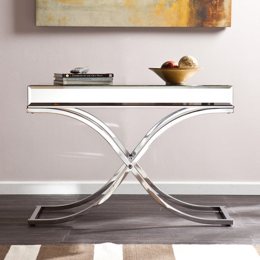 42" Silver Mirrored Glass Cross Leg Console Table