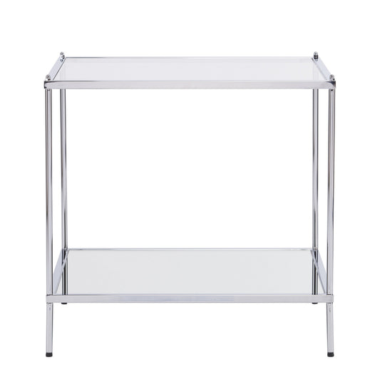 22" Chrome Glass And Iron Square Mirrored End Table