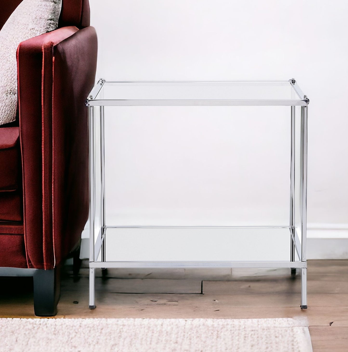 22" Chrome Glass And Iron Square Mirrored End Table