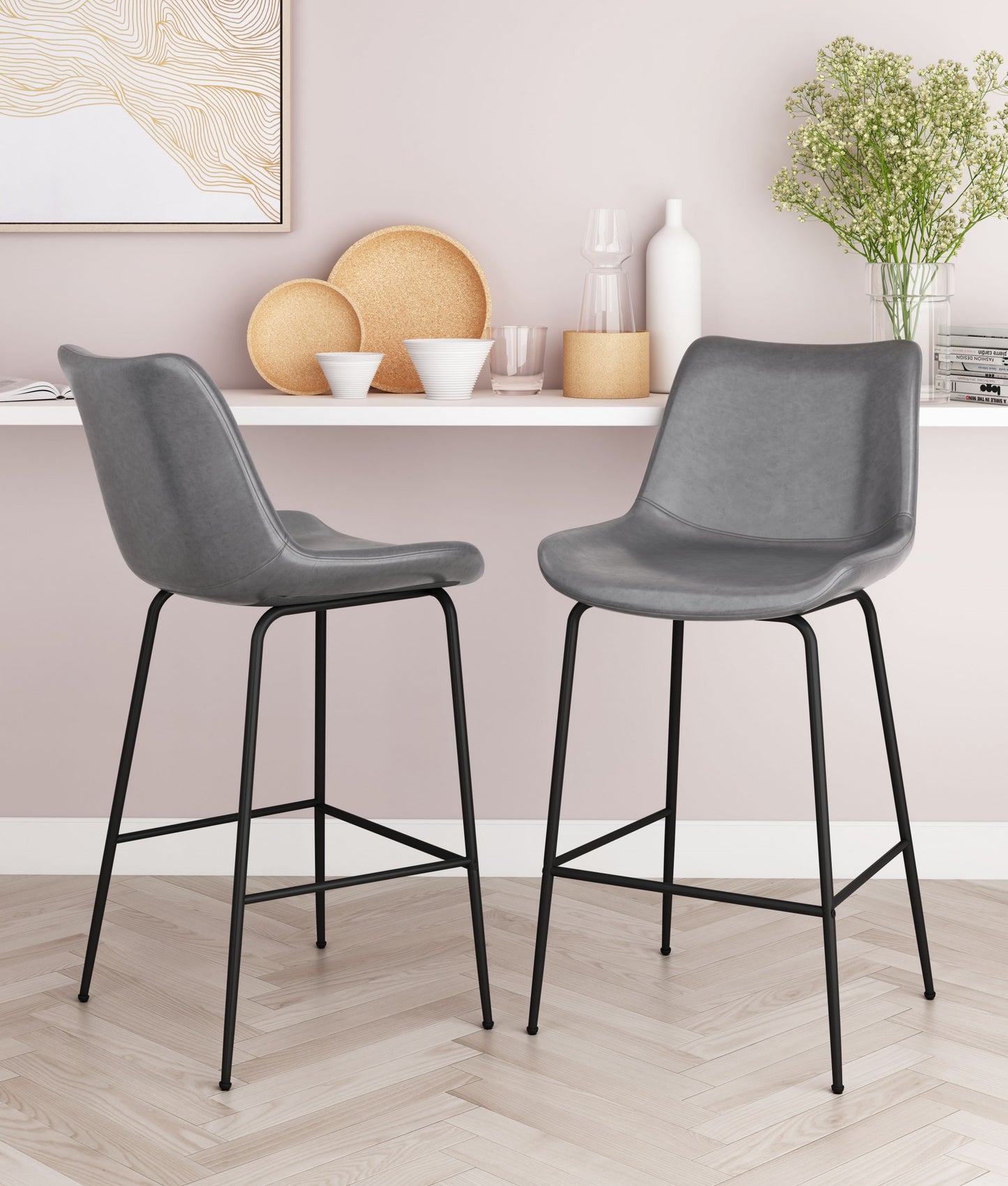 26" Gray And Black Steel Low Back Counter Height Bar Chair