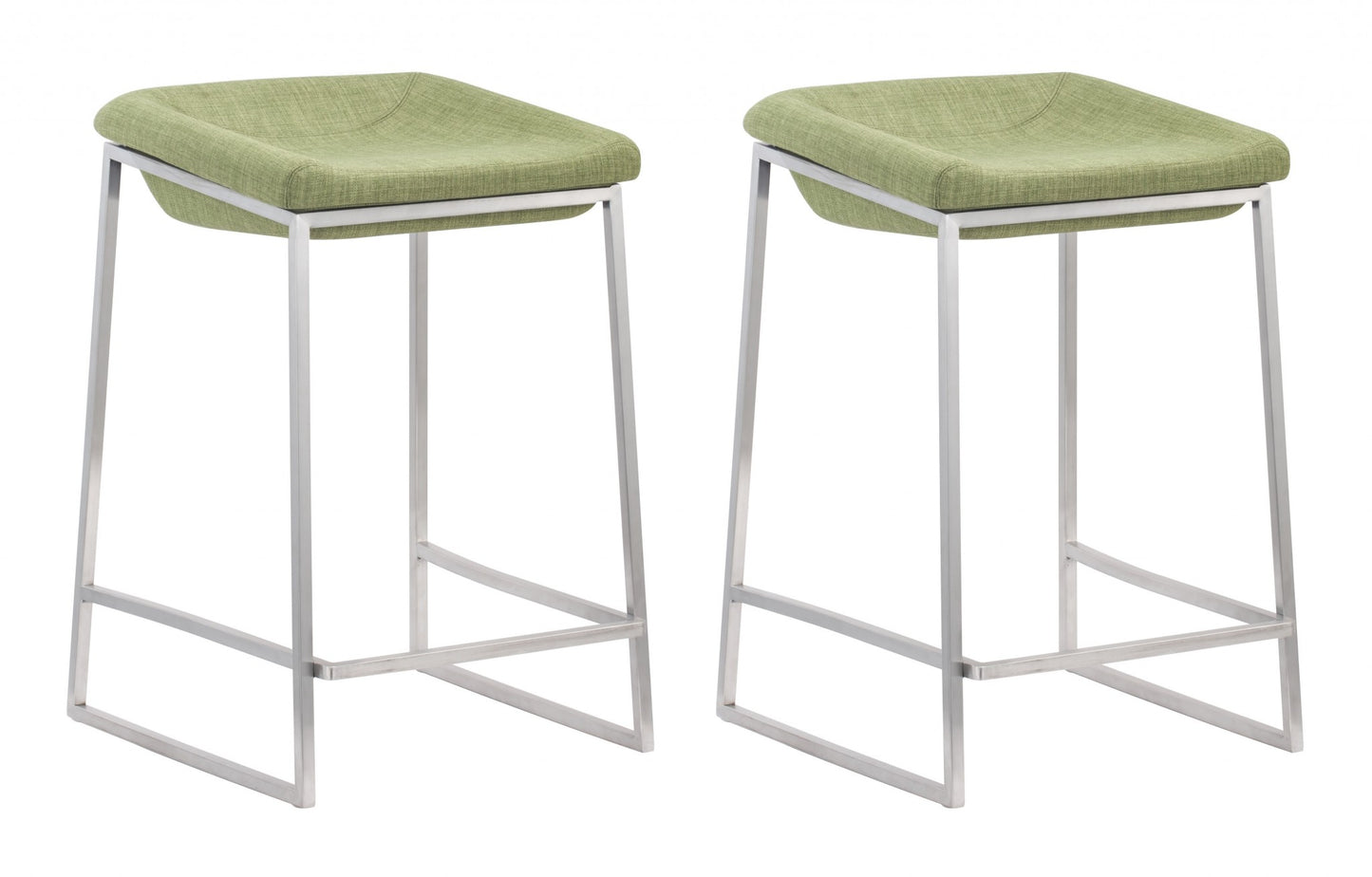 Set of Two 24" Green And Silver Steel Backless Counter Height Bar Chairs