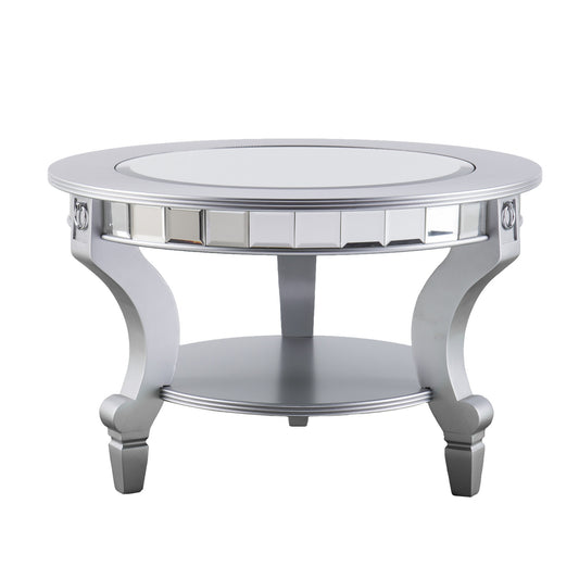 29" Silver Mirrored And Metal Round Mirrored Coffee Table