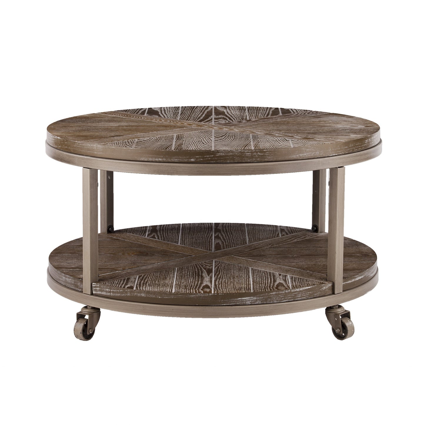 32" Brown Rustic and Distressed Round Two Tier Rolling Coffee Table