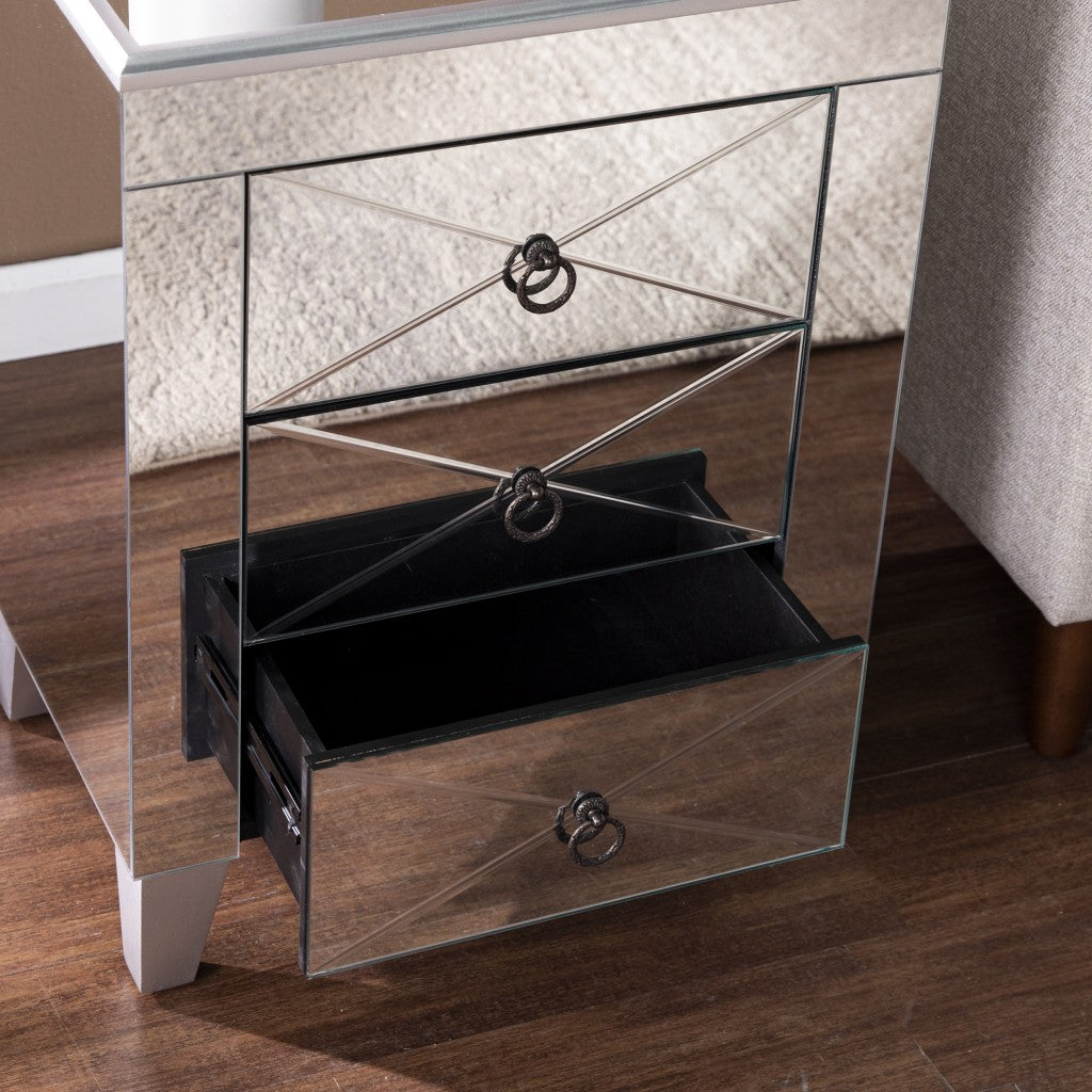 26" Silver Manufactured Wood And Iron Rectangular Mirrored End Table With Three Drawers And