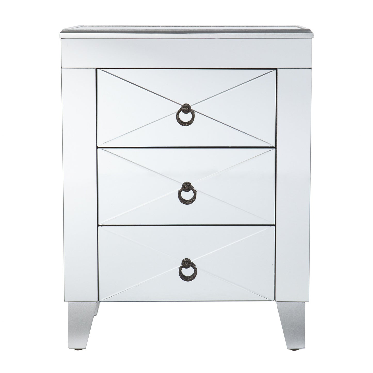 26" Silver Manufactured Wood And Iron Rectangular Mirrored End Table With Three Drawers And