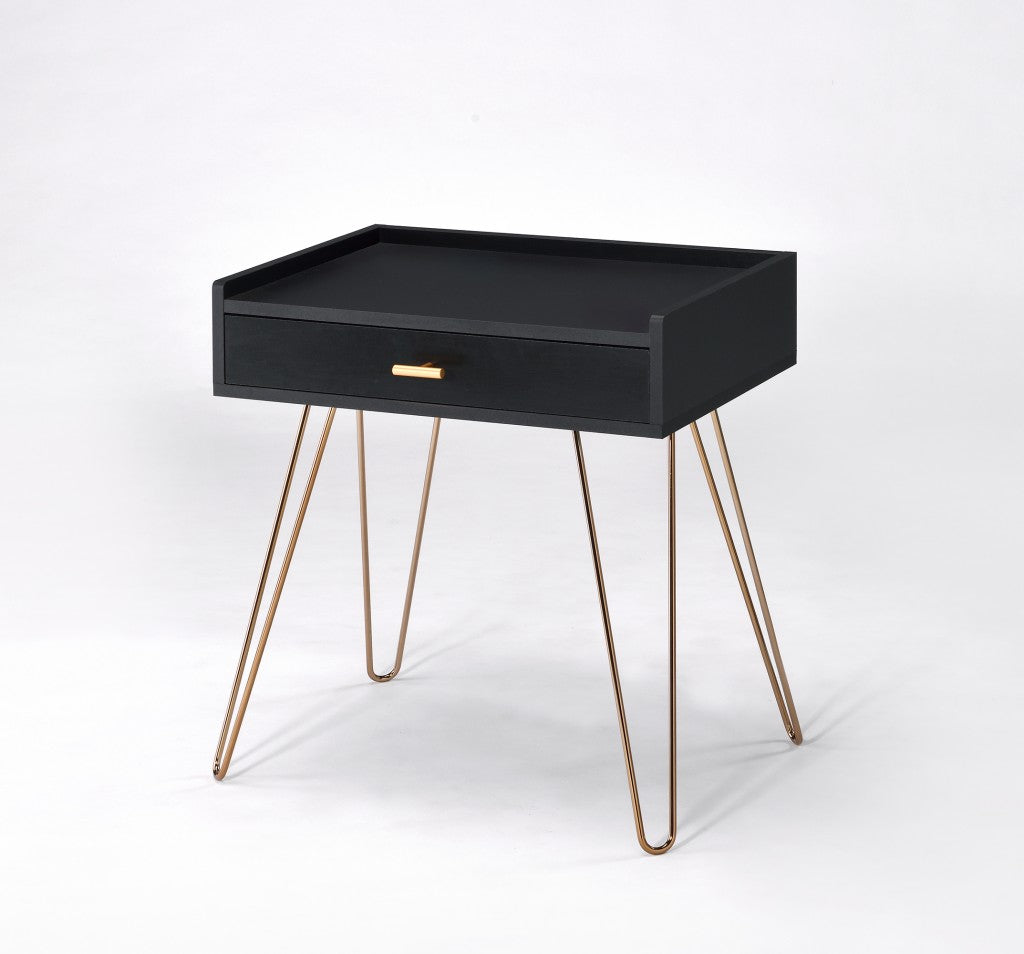 24" Gold And Black Modern Rectangular End Table With Drawer