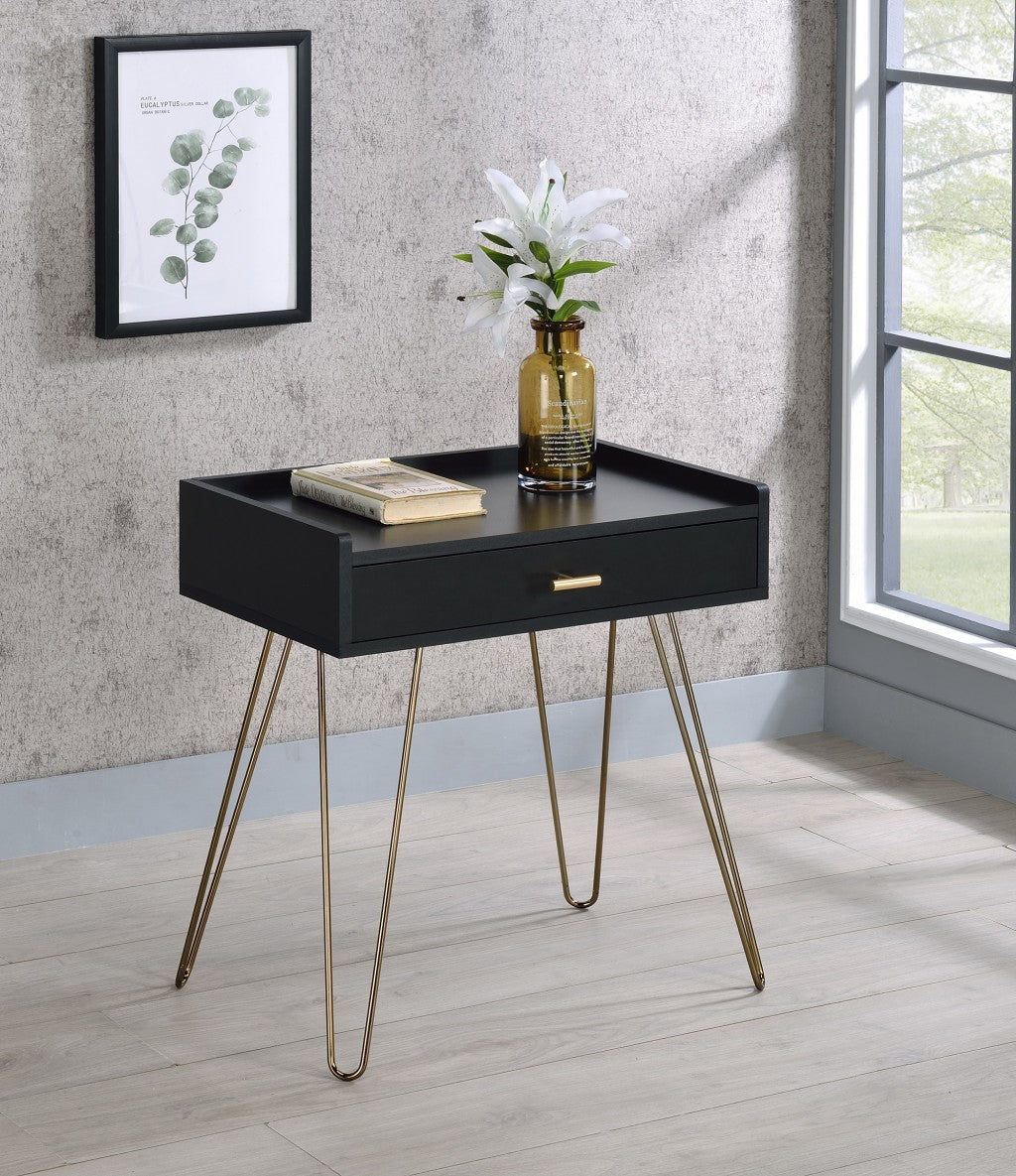 24" Gold And Black Modern Rectangular End Table With Drawer