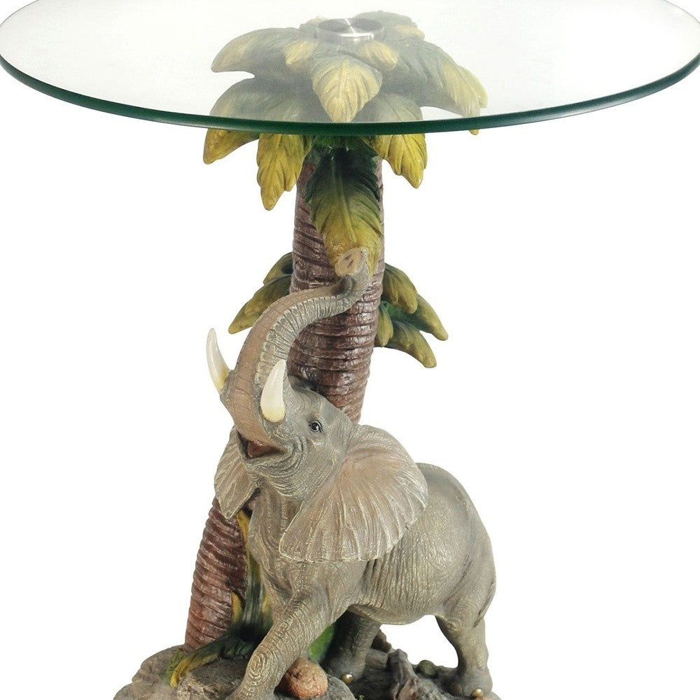 24" Brown And Clear Glass Elephant Round End Table