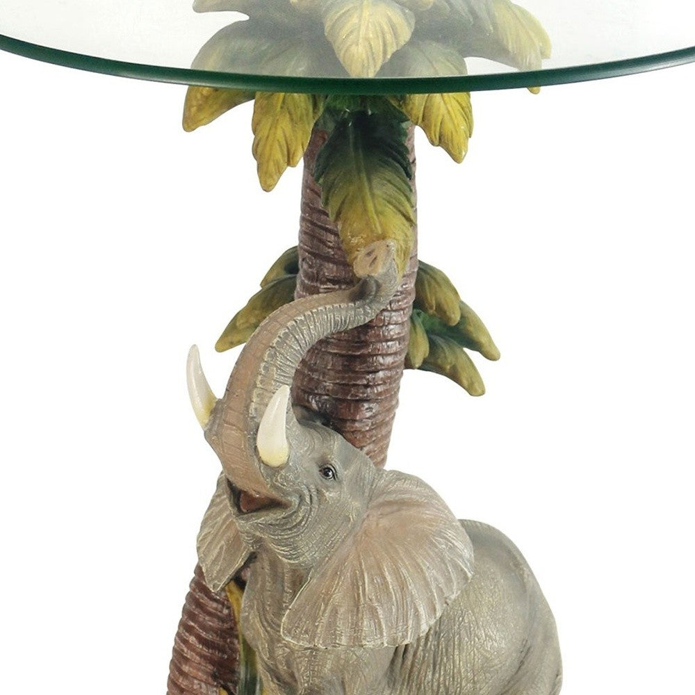 24" Brown And Clear Glass Elephant Round End Table