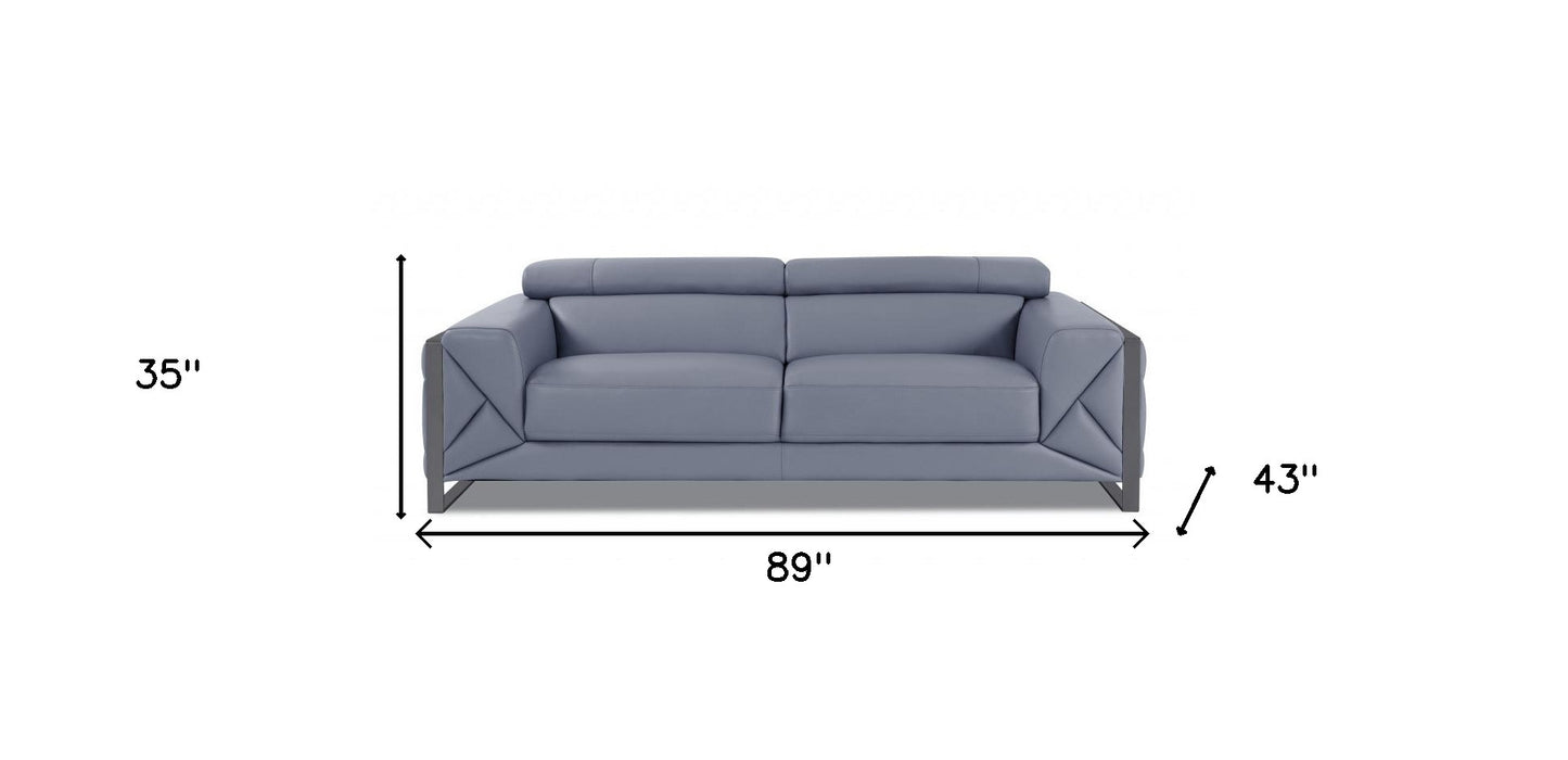 89" Gray And Silver Italian Leather Sofa