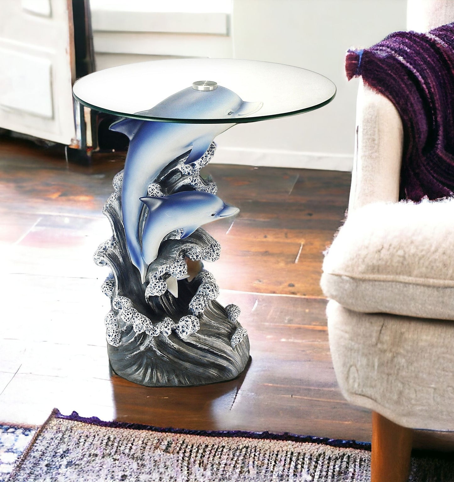 24" Blue And Clear Glass Polyresin Dolphins Round End Table