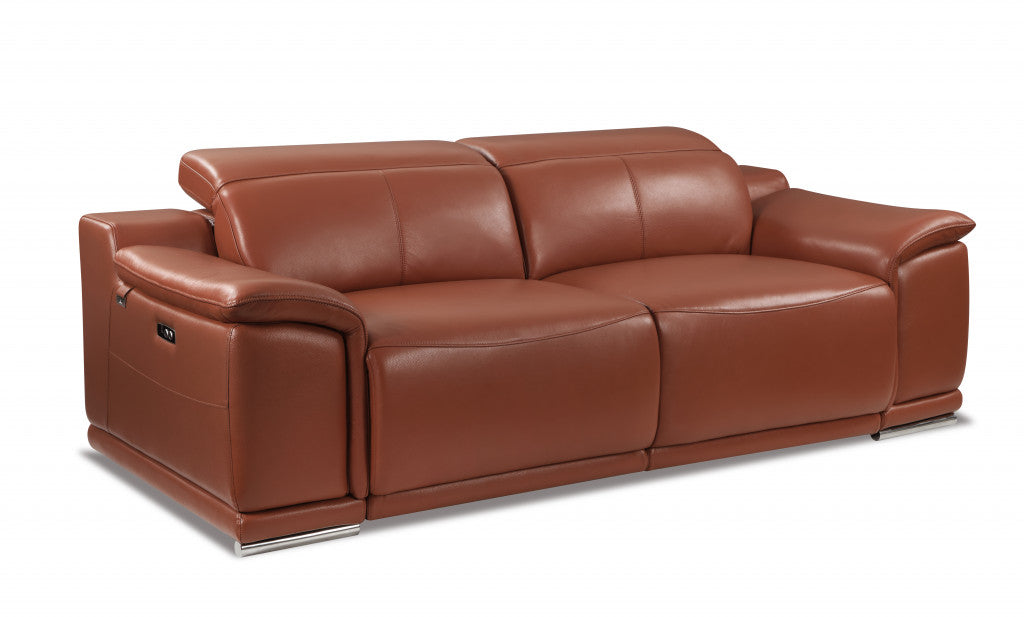 86" Camel And Silver Italian Leather USB Sofa