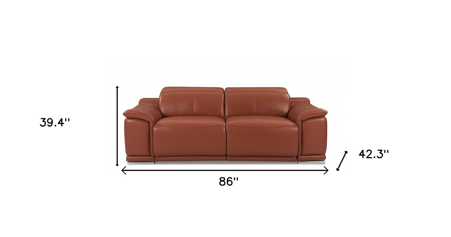 86" Camel And Silver Italian Leather USB Sofa