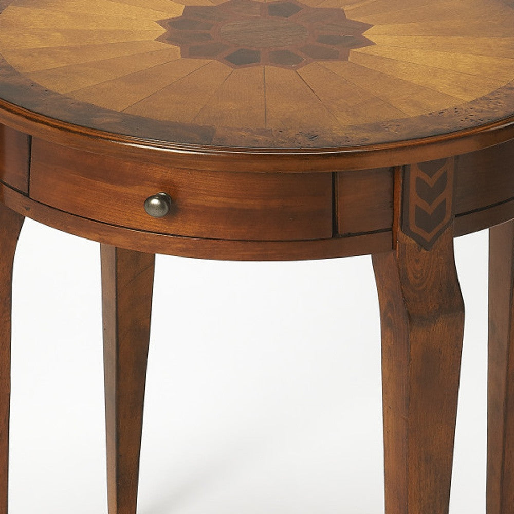 24" Medium Brown And Olive Ash Manufactured Wood Round End Table With Drawer