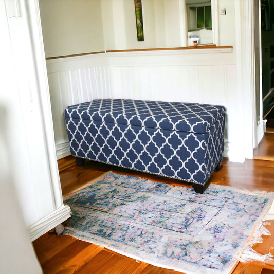 Blue and White Quatrefoil Storage Bench