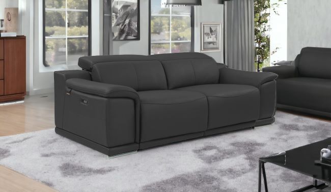 86" Gray And Silver Italian Leather USB Sofa