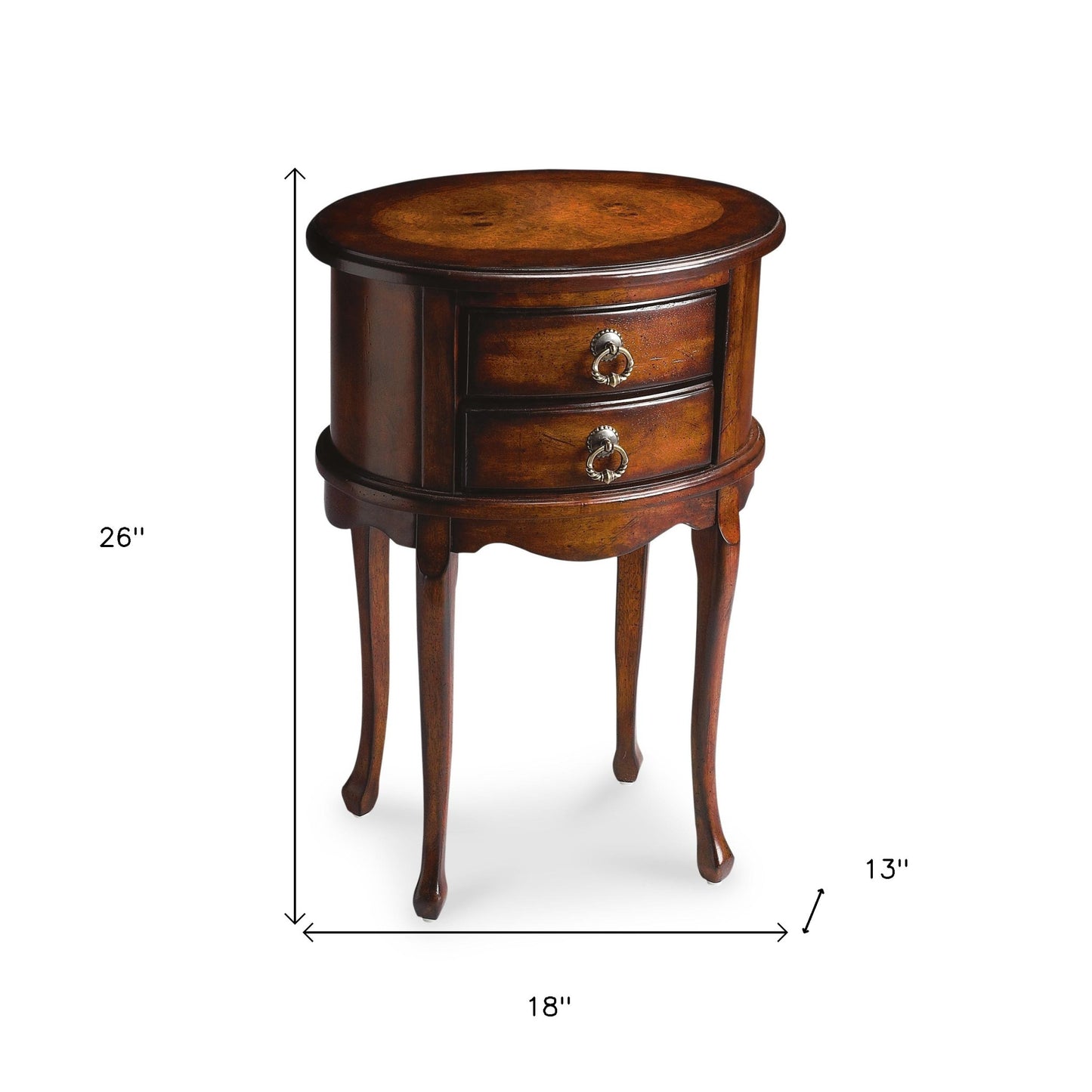 26" Dark Brown And Cherry Manufactured Wood Oval End Table With Two Drawers