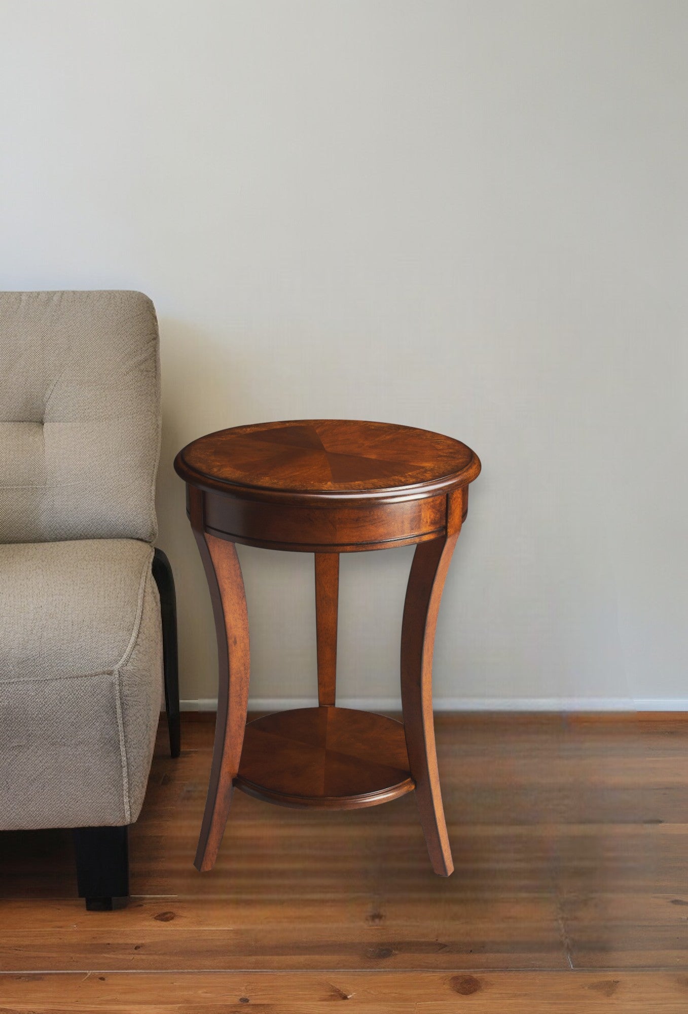 26" Medium Brown And Olive Ash Manufactured Wood Round End Table With Shelf