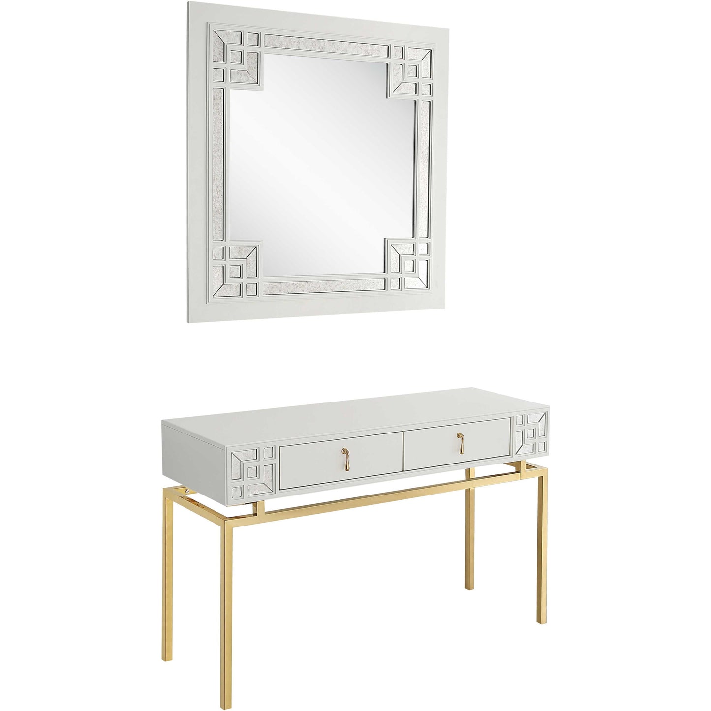 Set of Two 47" White and Gold Wood and Manufactured Wood Blend Mirrored Console Table And Drawers