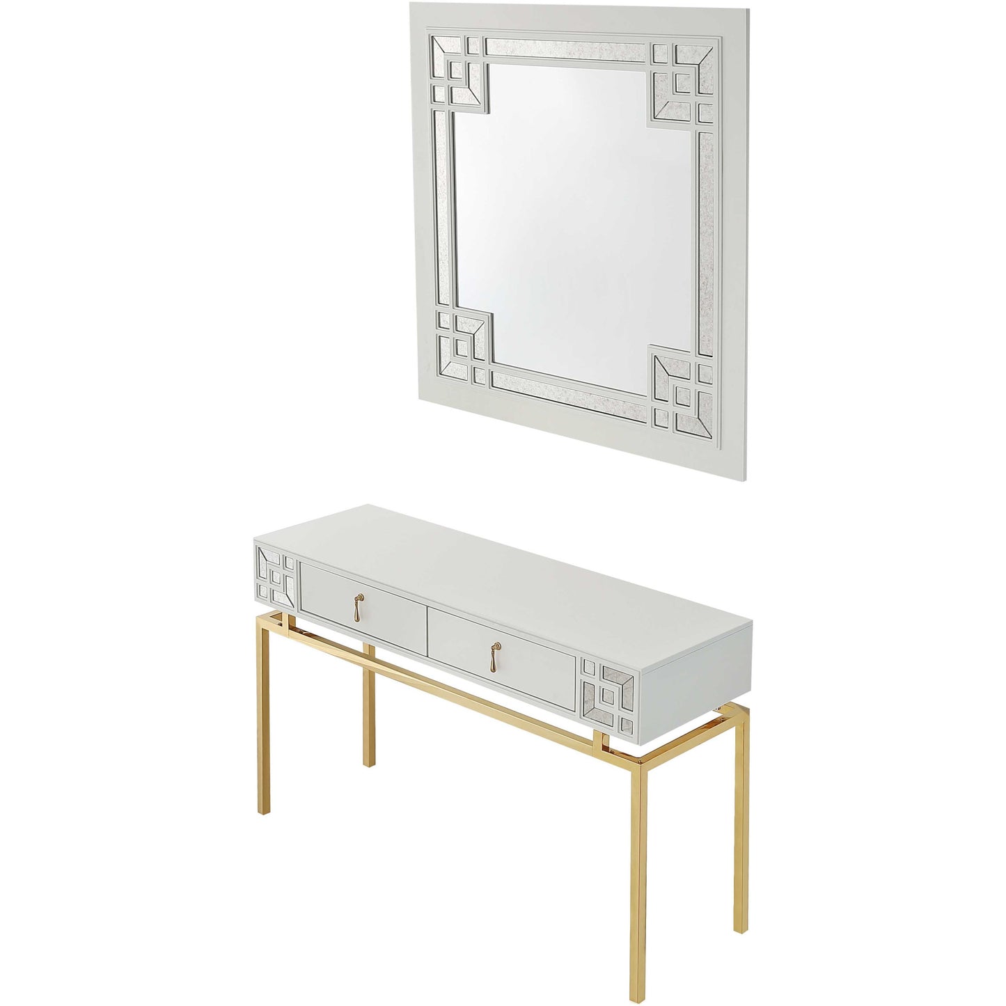 Set of Two 47" White and Gold Wood and Manufactured Wood Blend Mirrored Console Table And Drawers