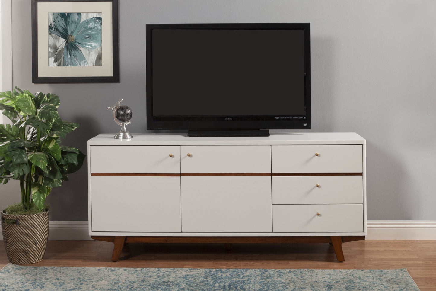 65" White Mahogany Solids And Veneer Cabinet Enclosed Storage TV Stand