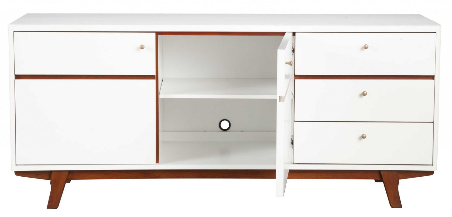 65" White Mahogany Solids And Veneer Cabinet Enclosed Storage TV Stand